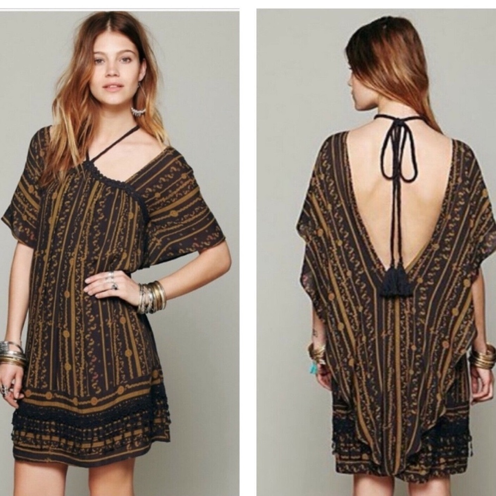 Free People New Romantics Purple Gold Boho Mini Dress Flowy Backless Size XS